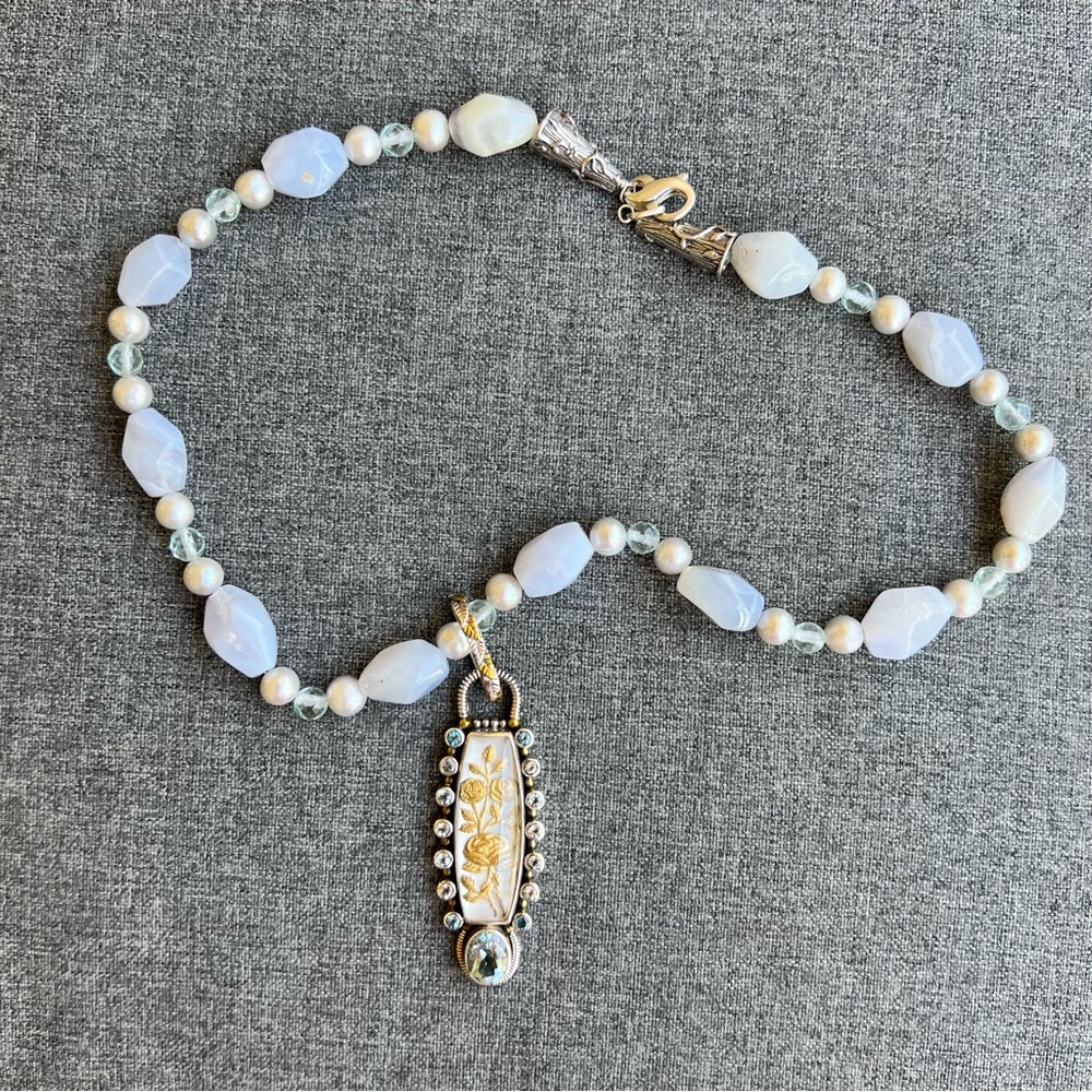 Mars And Valentine Opal & Pearl Beaded Necklace with Blue Saffire Pendant Design